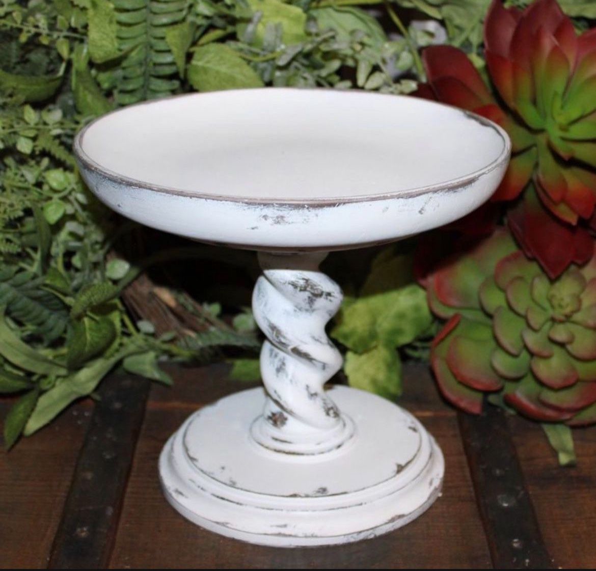 Large HEAVY White Shabby Distressed Farmhouse Pedestal Decor Riser or Candle Holder