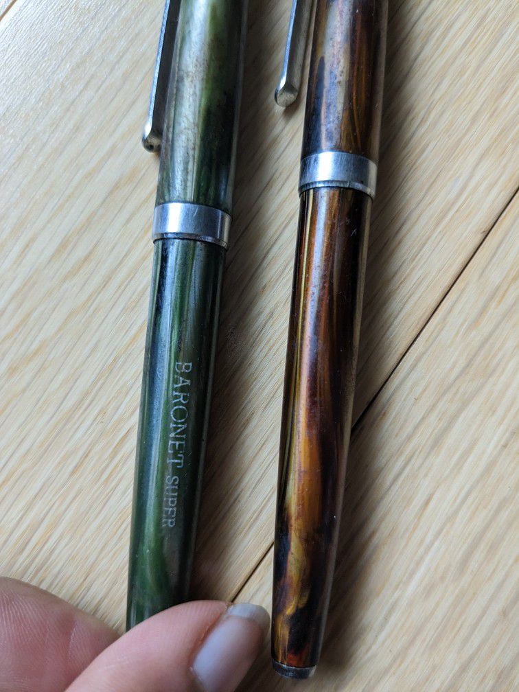 Set of 2 Fountain Pen, Ink Pen (Baronet Super Brand). Vintage 80's Collectible. Old Classic! Green & Brown. Model Unknown. 