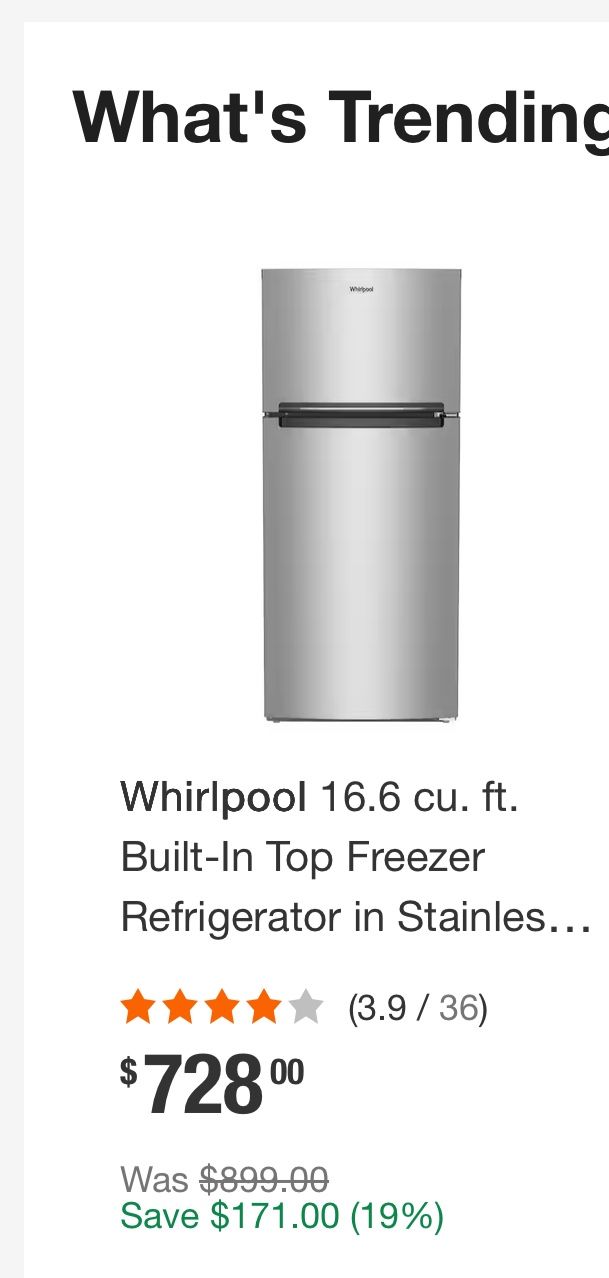 Whirlpool 16.6 cu. ft. Built-In Top Freezer Refrigerator in Stainless Steel