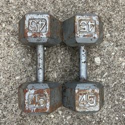 Dumbbells 45 lb dumbbell set lbs Cast Iron Hex 45lb pound pounds 45lbs weights weight pair