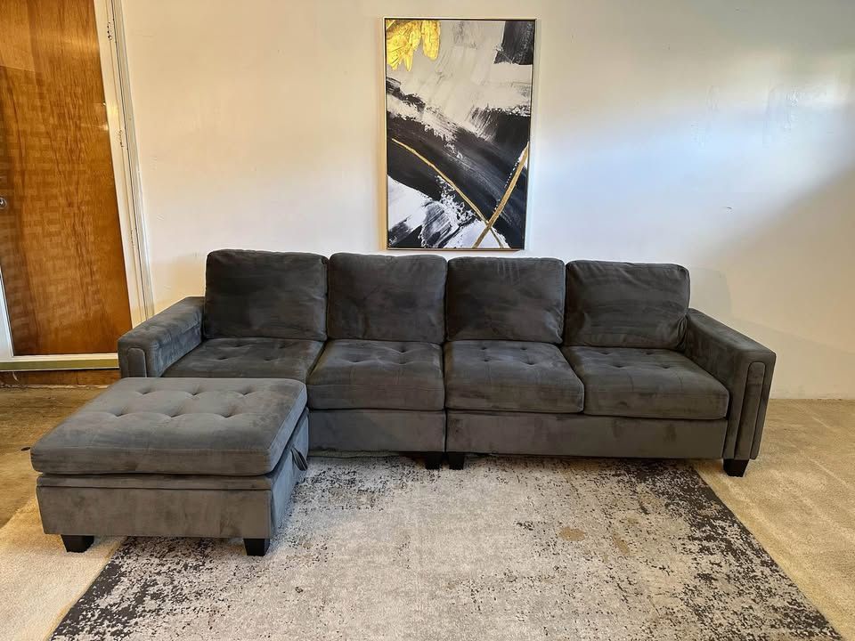 Gray Velvet 4-Seater Sectional Sofa with Ottoman Storage