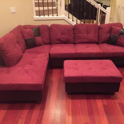 Red Microfiber Sectional Couch And Ottoman