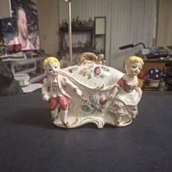 Vintage Mid Century Porcelain Trinket Box W/Lid, 3D Victorian Boy & Girl, Florals, Gold Accents Made In Japan SEE DESCRIPTION