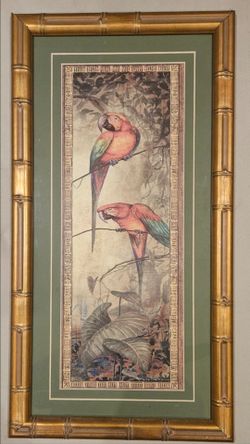 Framed Macaw Parrot Art with Faux Bamboo Frame