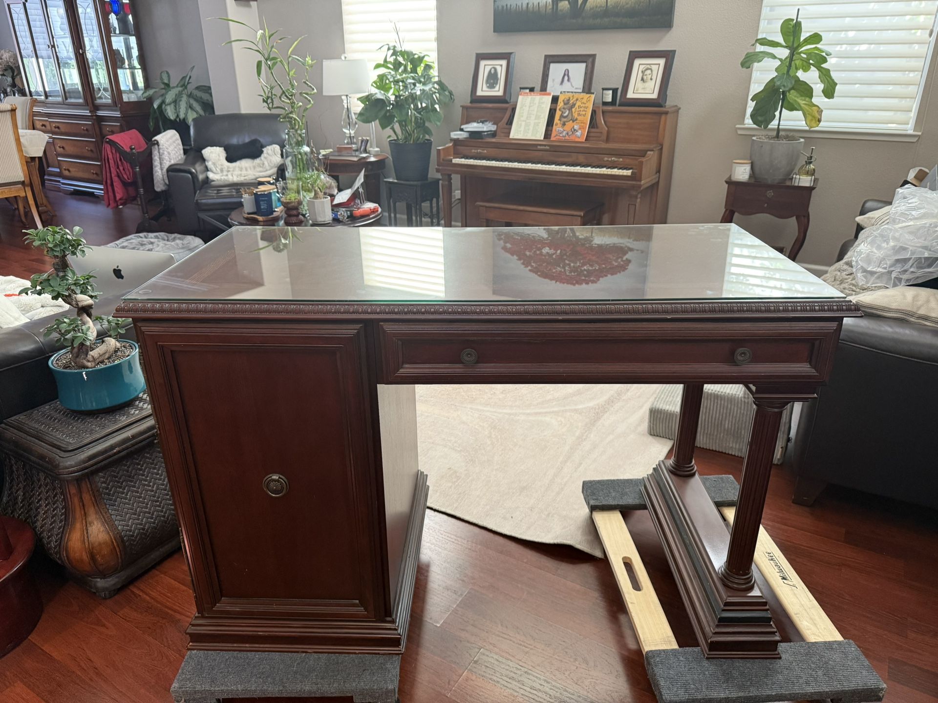 Mahogany Color Wood Desk With Glass Top
