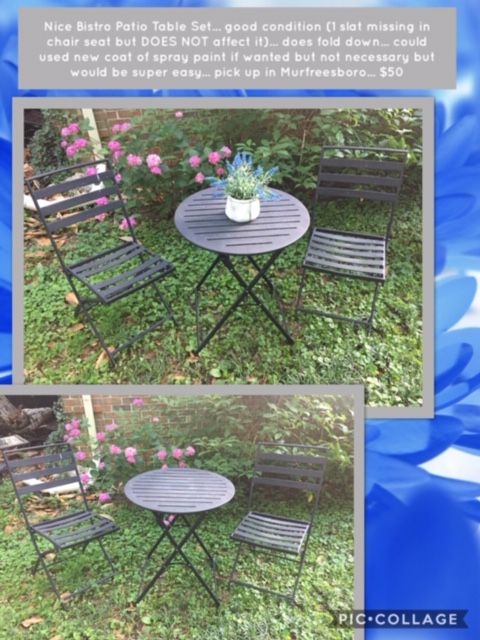 Nice Bistro Patio Table Set... good condition (1 slat missing in chair seat but DOES NOT affect it)... does fold down... could used new coat of spray