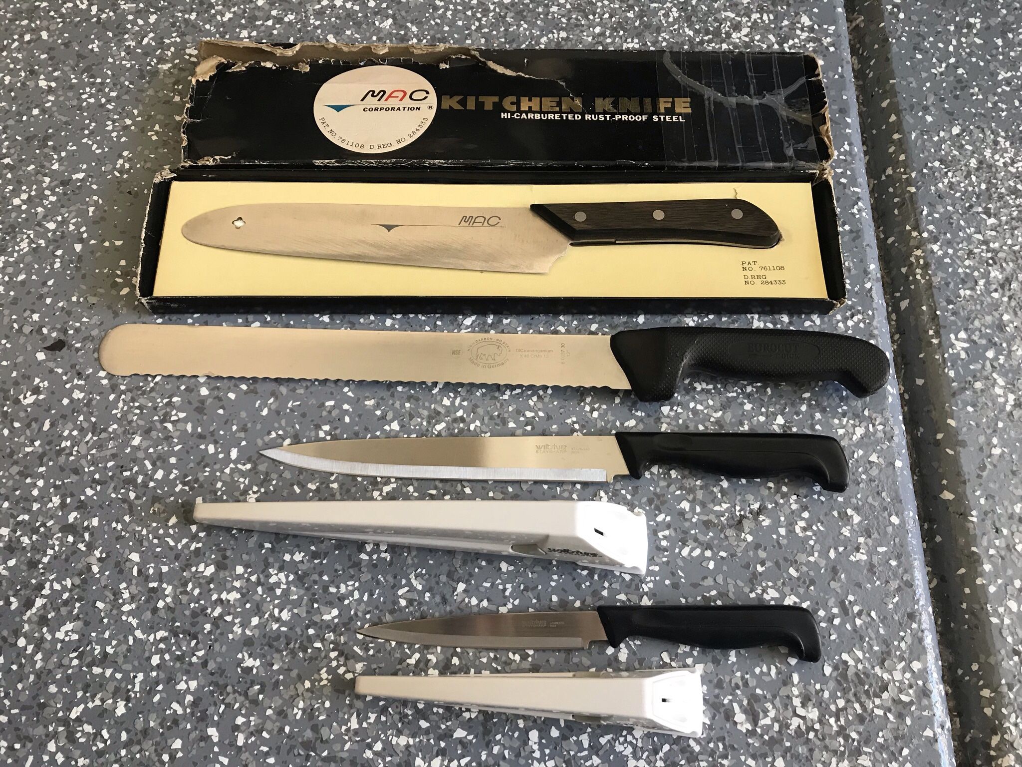 4 Chef Knives Japanese 9” Mac Knife, German 12” F.dick Bread Knife, Wiltshire Slicer And Petty Knife