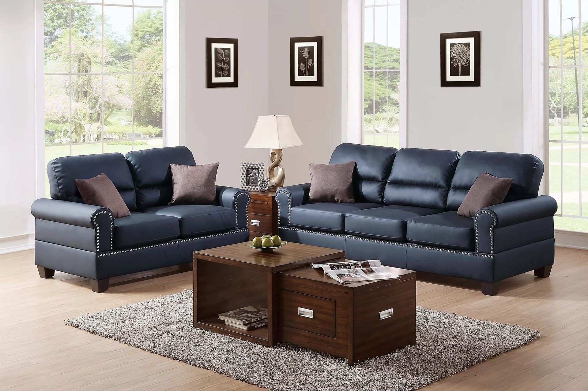 BLACK FAUX LEATHER SOFA AND LOVESEAT WITH ACCENT STUDDING. FINANCE TODAY IF NEEDED 