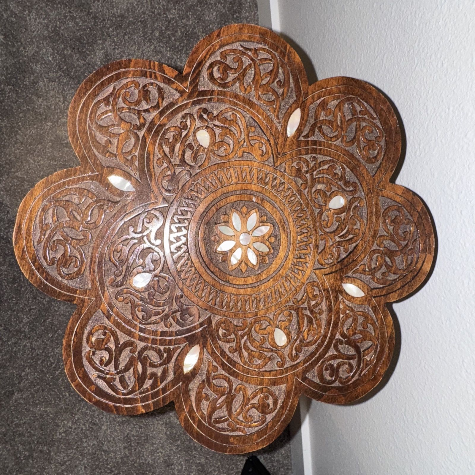 Vintage Handmade Carved Wooden Table with Mother-of-Pearl Inlay