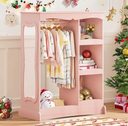 Kids Dress Up Storage with Flower Mirror, Open Hanging Closet Wardrobe for Children, Kids Armoire & Costume Organizer for Bedroom Playroom Preschools 