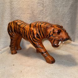 Vtg Leather Tiger Stature With Glass Eyes