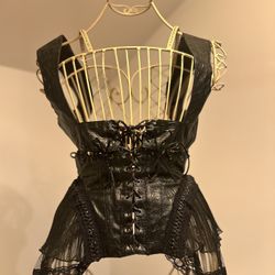 Genuine Leather Corset Top with Lace & Mesh Details – Gothic Victorian Style