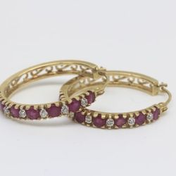 14k solid yellow gold ruby and diamond hoop earrings