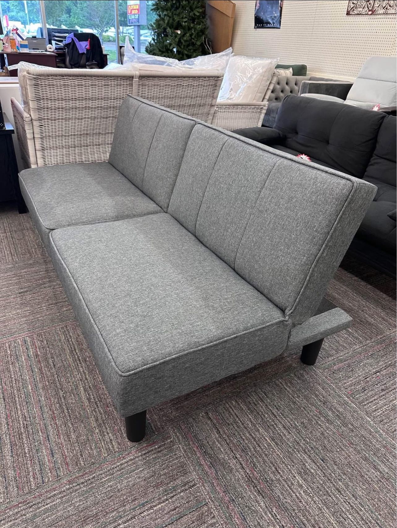 66" Studio Futon, Gray Linen Upholstery, New