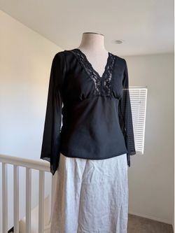 Vintage JKLA Black Lace and Sequin V-Neck Blouse with Bell Sleeves