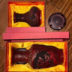 Vintage Chinese Vases - Deep Carved Red Cinnabar