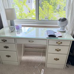Ethan Allen Style Vintage Desk - Solid Wood With Glass Top And Matching Wood Chair  