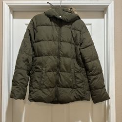 Old Navy Women’s Green Puffer Jacket Large Faux Fur Hood