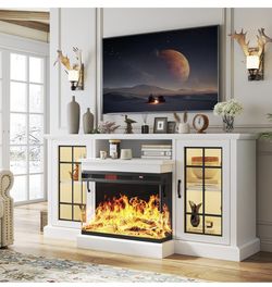 59'' Fireplace TV Stand, 3 Sided Glass Media Entertainment Center Console