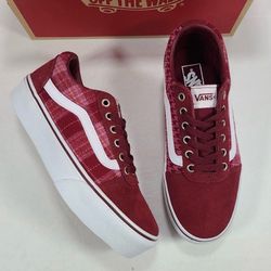Vans Ward Platform Plaid Mix Port Burgundy Maroon Sneakers Women Size 8