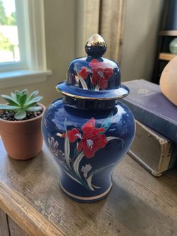 Vintage Japan Vase with Lid Floral Blue & Gold Porcelain Fine China Decor