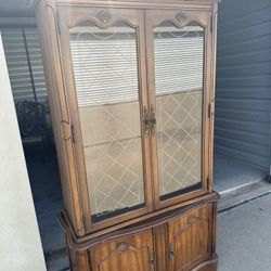 Solid Wood Lighted China Cabinet with Glass Doors – Vintage Hutch