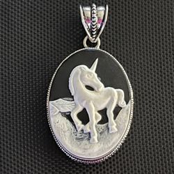 Cameo Unicorn Equestrian Sterling Silver 2” Pendant