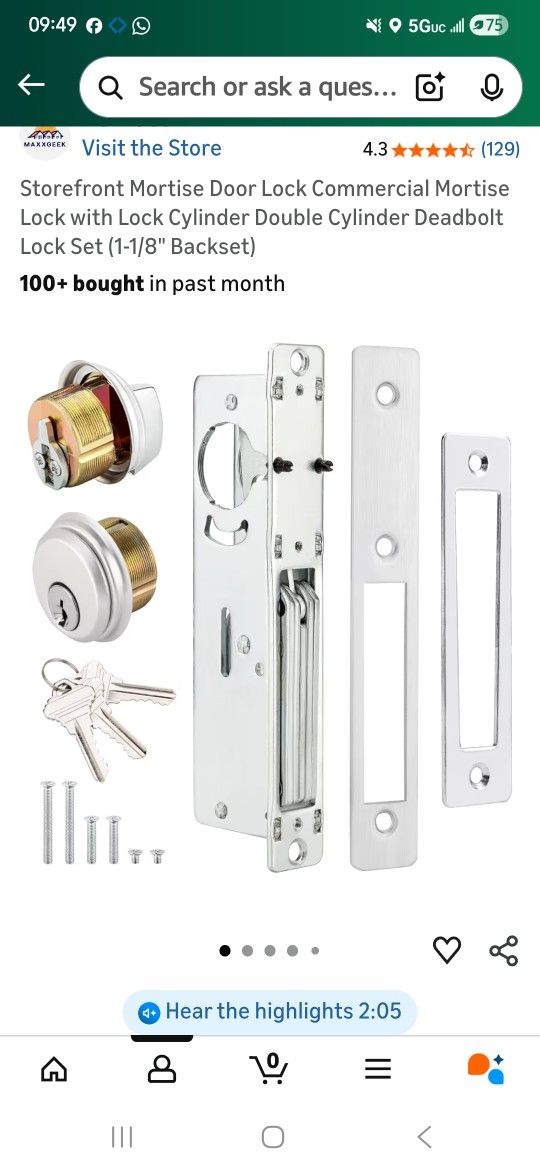 Storefront Mortise Door Lock Commercial Mortise Lock with Lock Cylinder Double Cylinder Deadbolt Lock Set (1-1/8" Backset