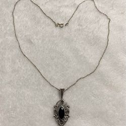 925 Sterling Silver Marcasite and Black Onyx Pendant Necklace