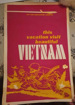 Vintage Vietnam Poster - Bright Pink and Yellow