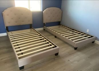Brand New Pair of Twin Size Light Brown Upholstered Platform Bed Frames (New In Box)