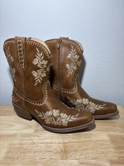 Roper Wynona Women's Floral Western Cowboy Boots Tan Snip Toe Zip Sz 6
