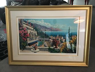 Kerry Hallam signed and numbered serigraph “Hotel Serena” 55x40. Framed in beautiful Gold Wood.