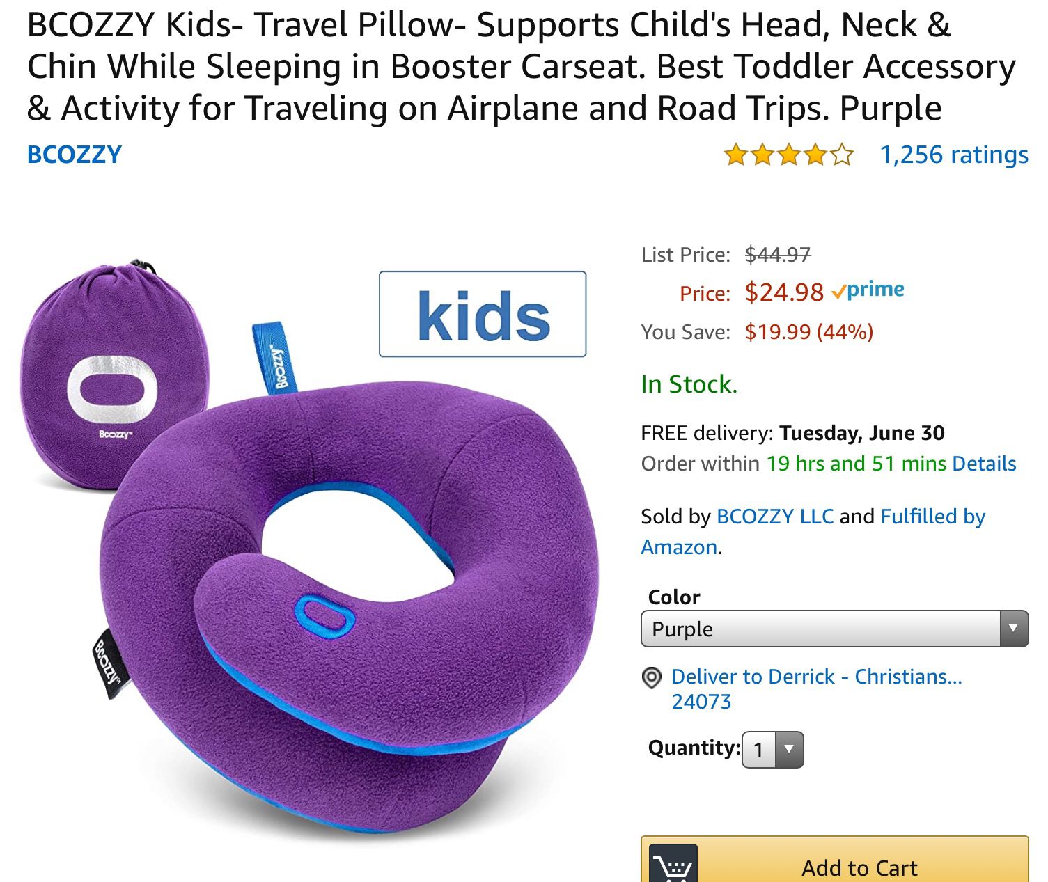 BCOZZY Kids- Travel Pillow- Supports Child's Head, Neck & Chin While Sleeping in Booster Carseat. Best Toddler Accessory & Activity for Traveling on