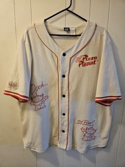 Disney Pixar "Toy Story" Kaki Color Stitched Jersey "Pizza Planet" Size Large Great Condition 