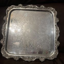 Vintage Large Silverplate Ornate Footed Square Tray By Poole Co. Floral etched design  EPCA Silverplate by Poole 813 etched on the bottom of the tray.