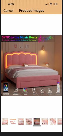 Pink Upholstered Bed Frame with RGB LED Lights