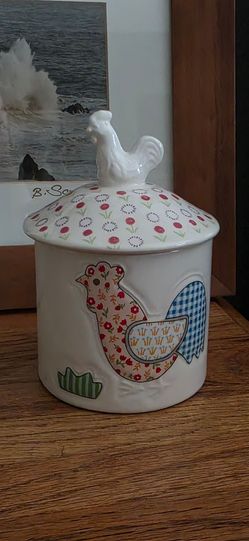Vintage Enesco Quilted Garden Patch Rooster Sugar Bowl Ceramic Farmhouse Country