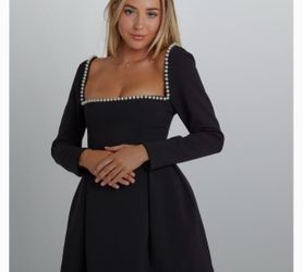Faux Pearl square neck black dress - XL