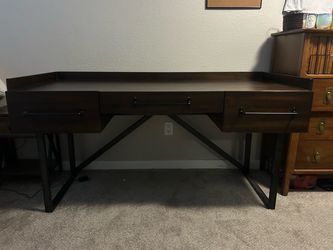 Dark Wood Desk with Metal Legs and Drawers