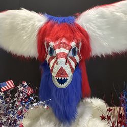 Dino Fursuit Head/Dino Furry Mask  - 250th Anniversary Patriotic Red White Blue Glitter Fursuit  Head. Read details