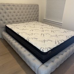 New Queen Grey Platform Bed Frame + Pillow Top Mattress