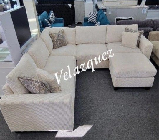 ✅️✅️ 4pc  for grey corduroy fabric upholstered sectional sofa with ottoman ✅️✅️