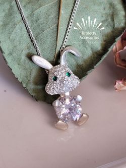 Sterling Silver 925 Necklace with a chunky Rabbit Pendant holding a zirconia Heart.