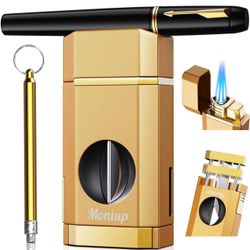 Triple Jet Torch Lighter with One-Touch V Cutter, Holder, Draw Enhancer Tool, Gifts for Men, Butane Refillable Lighter, Multifunctional All-in-one Lig