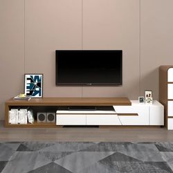 Pinkle Modern Extendable TV Stand White & Walnut with Storage & Bookshelf & Drawer
