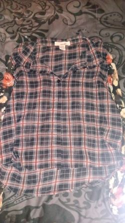 Semi-Sheer Plaid & Flower Long Sleeve Shirt 