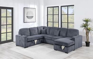 BRAND NEW DARK GRAY CORDOROY 4-Piece Convertible Sectional
Sleeper Sofa, Chaise Storage, Sofa Storage & USB Port
