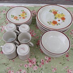Interpur Flower Garden Dinner Stoneware Plates - Vintage Yellow Green Flower Design Stoneware Plate Set made in Japan

