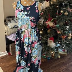 Vogue Girl Women’s Size XL Blue Floral Stretch Maxi Dress With Pockets 